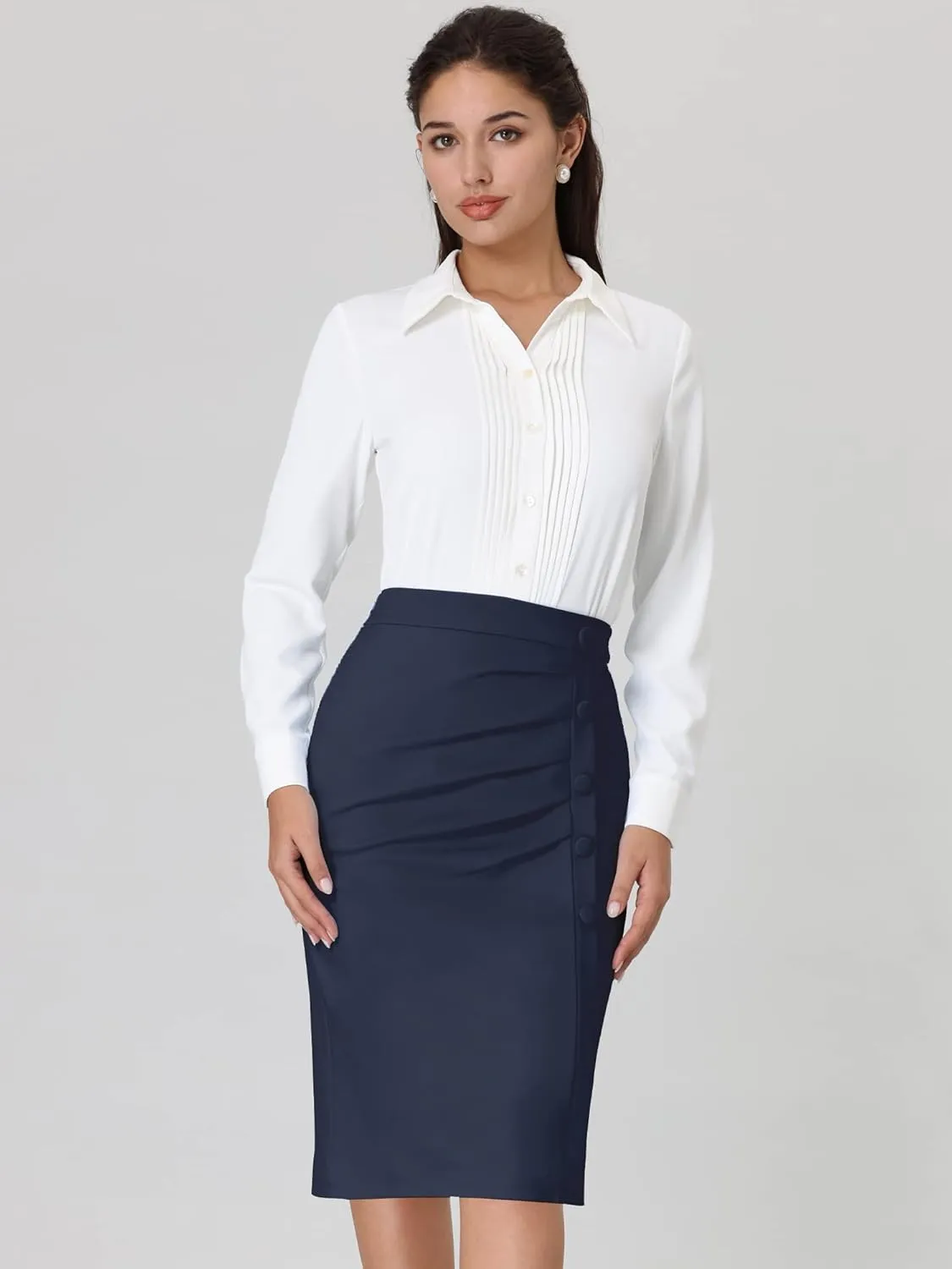 Women's Wear to Work Pencil Skirt Elastic High Waist Ruched Bodycon Midi Skirts