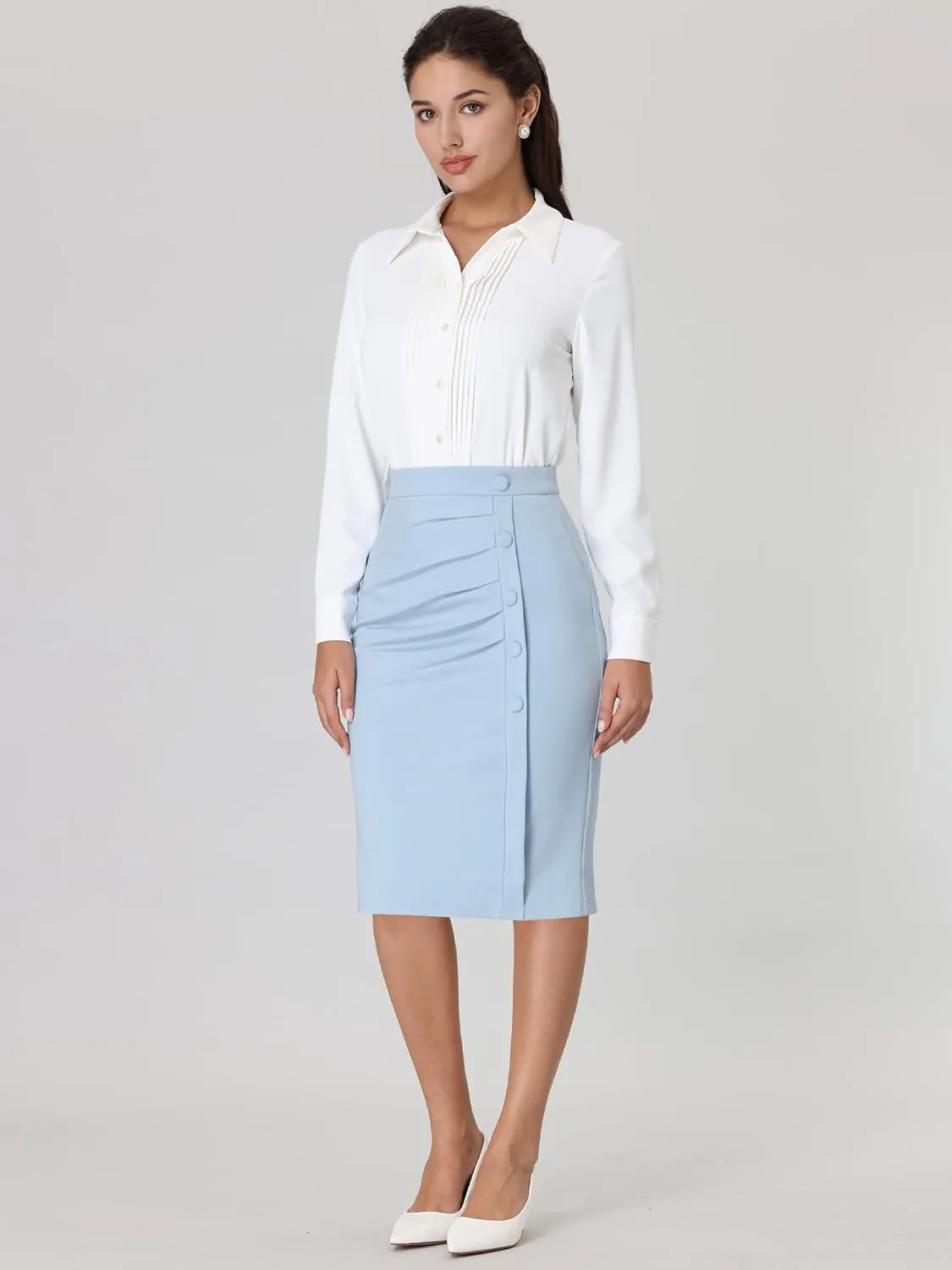 Women's Wear to Work Pencil Skirt Elastic High Waist Ruched Bodycon Midi Skirts