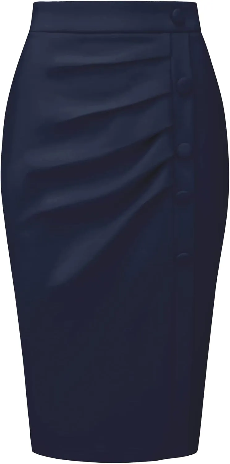 Women's Wear to Work Pencil Skirt Elastic High Waist Ruched Bodycon Midi Skirts
