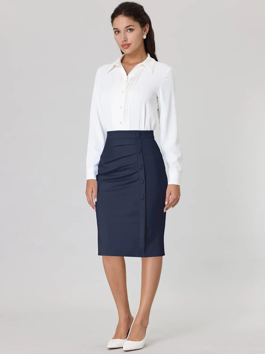 Women's Wear to Work Pencil Skirt Elastic High Waist Ruched Bodycon Midi Skirts