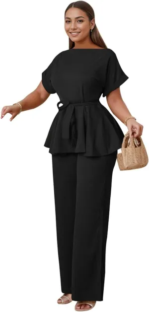 WUSENST 2 Piece Pants Set for Women Short Sleeve Flared Peplum Top Elastic Waist Wide Leg Set Business Pantsuits