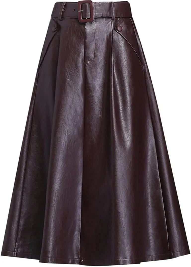 Wvapzxx PU Leather Skirt Women Autumn Winter A-Line High Waist Pleated Skirt Steampunk Umbrella Midi Skirts