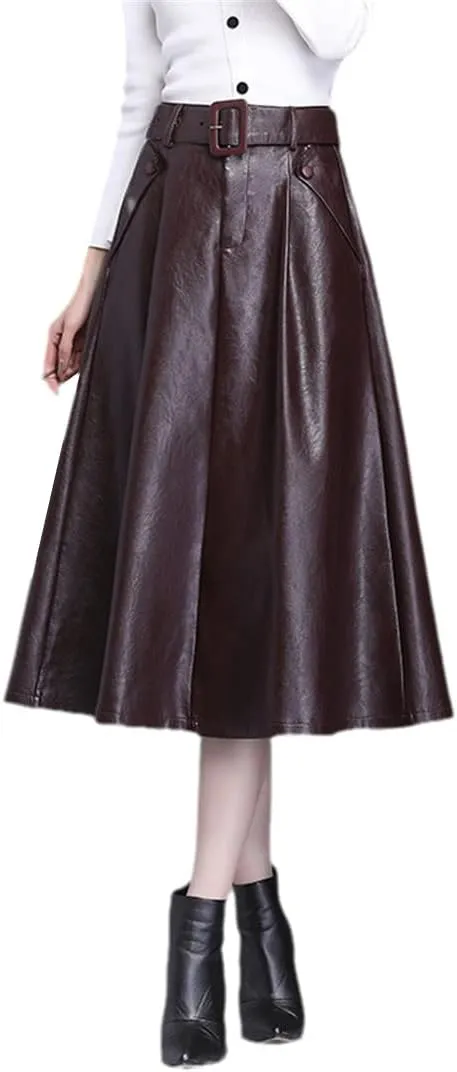 Wvapzxx PU Leather Skirt Women Autumn Winter A-Line High Waist Pleated Skirt Steampunk Umbrella Midi Skirts