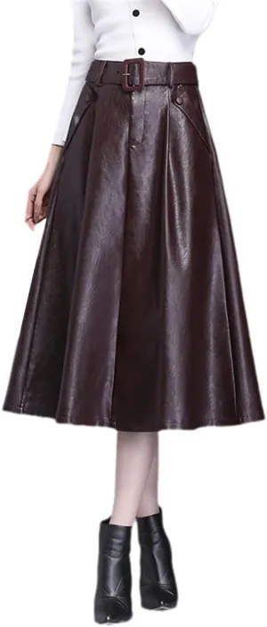 Wvapzxx PU Leather Skirt Women Autumn Winter A-Line High Waist Pleated Skirt Steampunk Umbrella Midi Skirts