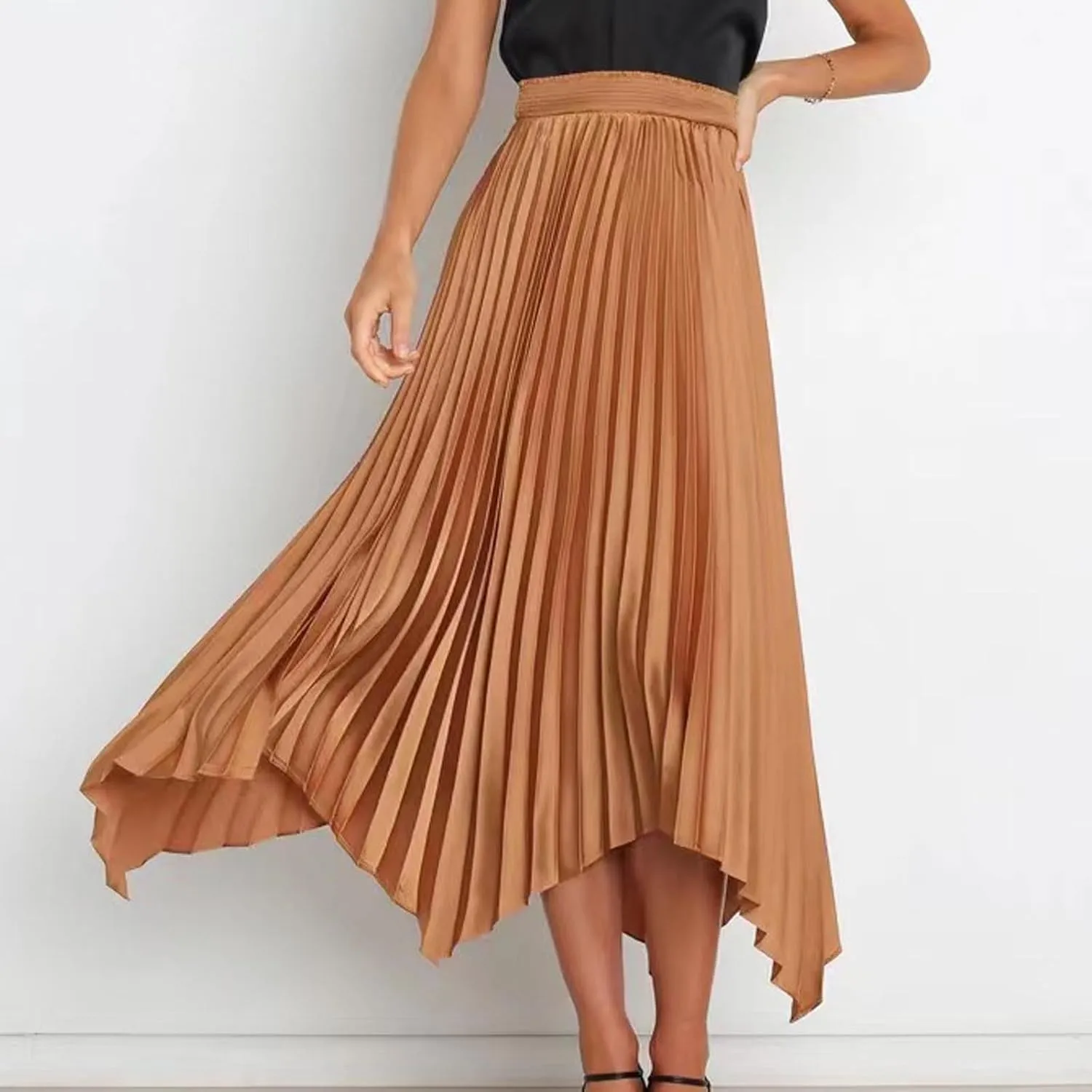 Xiaojmake Pleated Chiffon Skirts for Women High Elastic Waisted Flowy Asymmetrical Skirt Dressy High Low Summer Midi Skirts