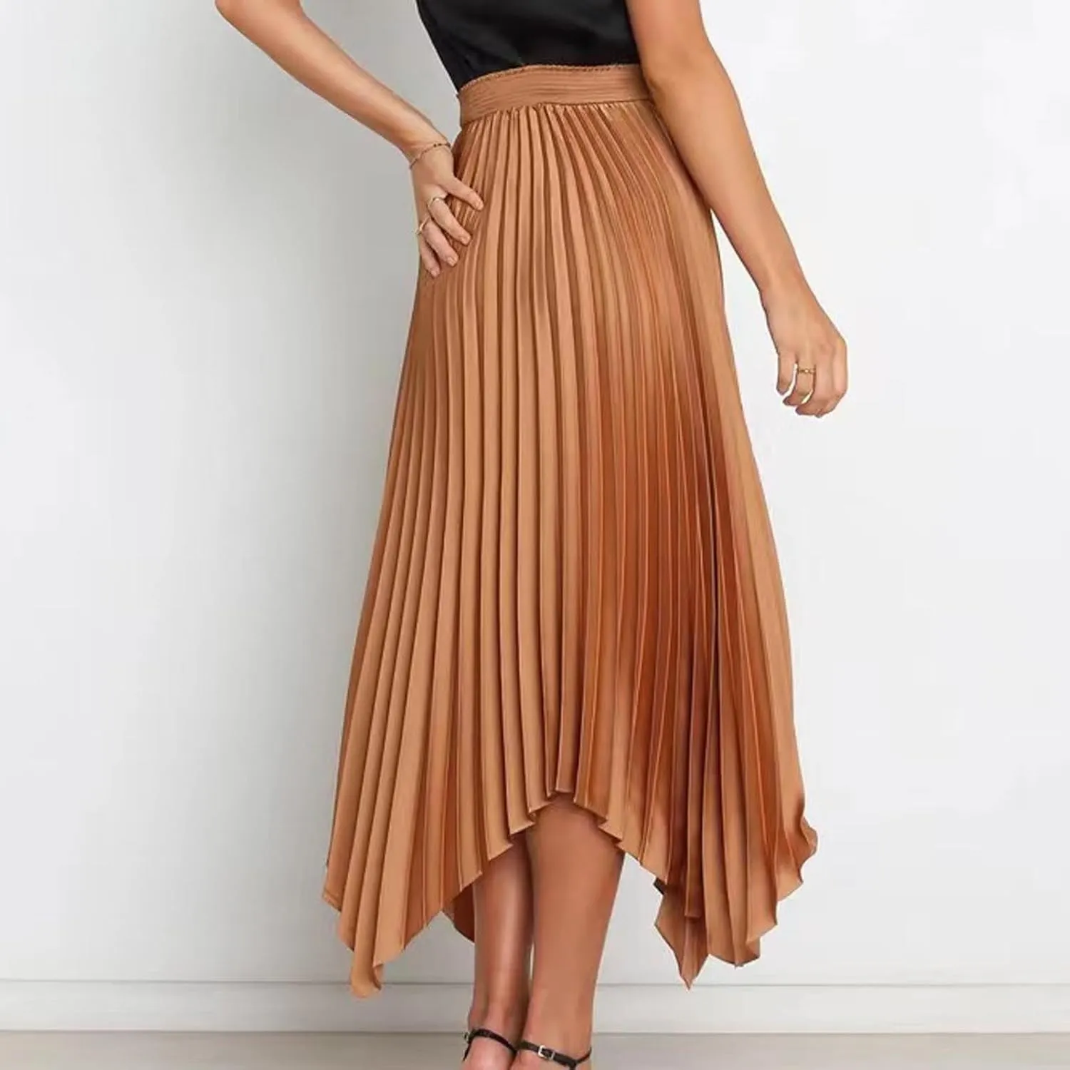 Xiaojmake Pleated Chiffon Skirts for Women High Elastic Waisted Flowy Asymmetrical Skirt Dressy High Low Summer Midi Skirts