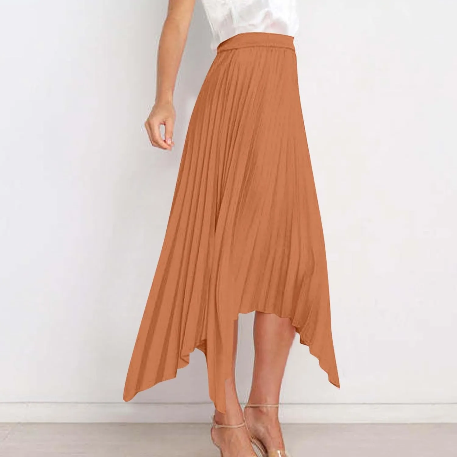 Xiaojmake Pleated Chiffon Skirts for Women High Elastic Waisted Flowy Asymmetrical Skirt Dressy High Low Summer Midi Skirts