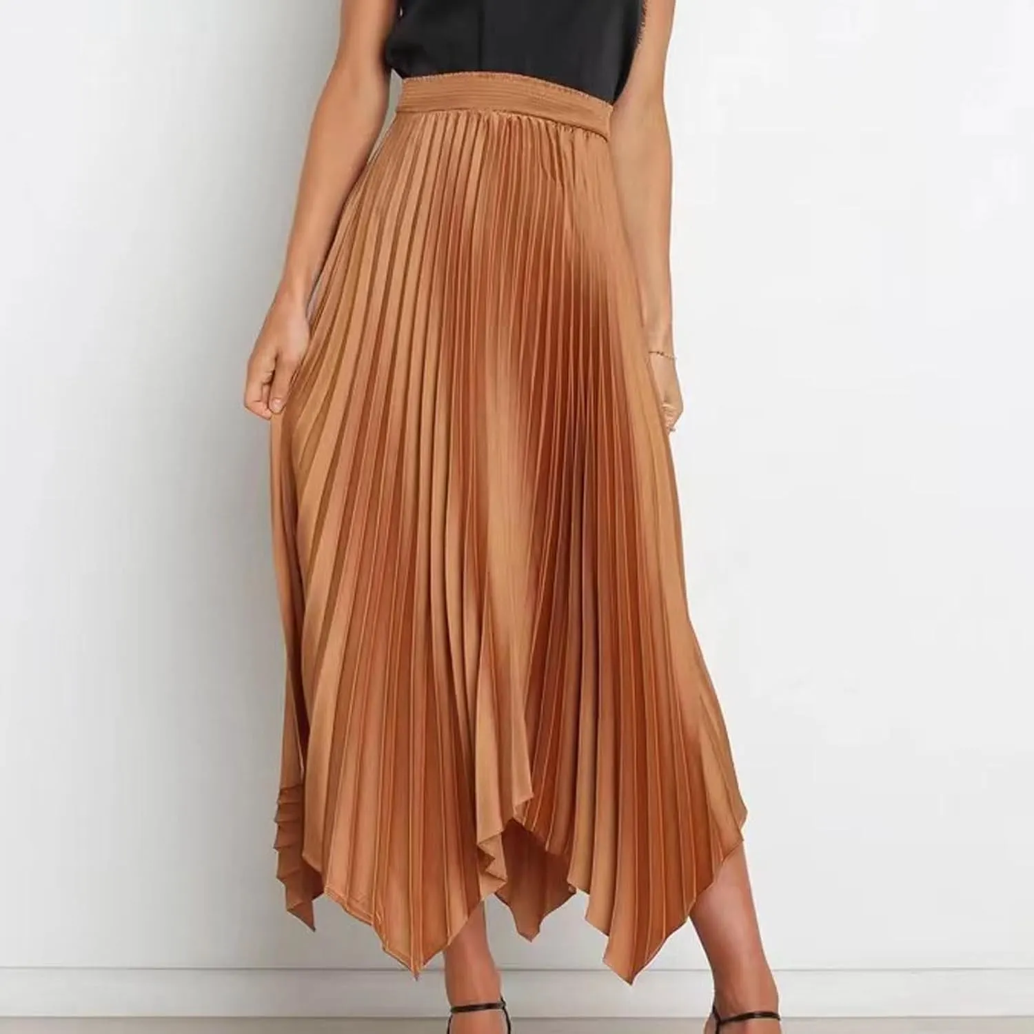 Xiaojmake Pleated Chiffon Skirts for Women High Elastic Waisted Flowy Asymmetrical Skirt Dressy High Low Summer Midi Skirts
