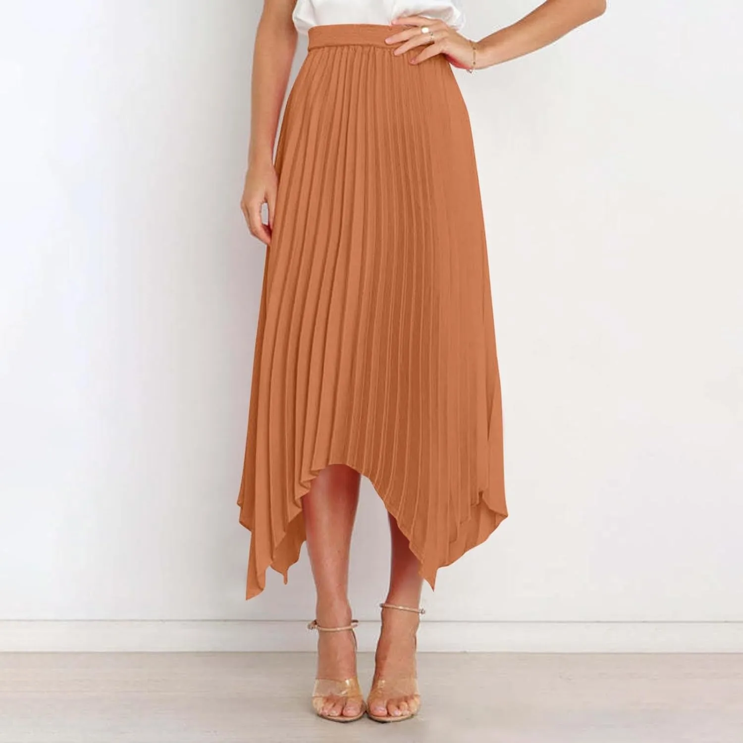 Xiaojmake Pleated Chiffon Skirts for Women High Elastic Waisted Flowy Asymmetrical Skirt Dressy High Low Summer Midi Skirts