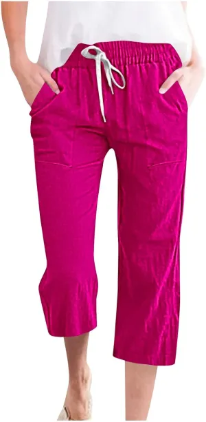 Xiaojmake Women Summer Casual Linen Pants Elastic Waist Relaxed Fit Straight Leg Crop Pants Lounge Beach Trouser with Pockets