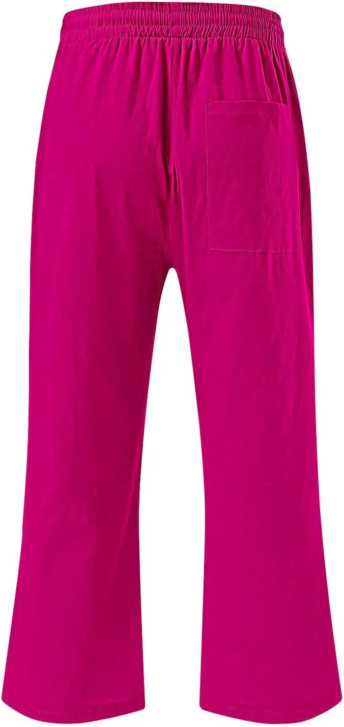 Xiaojmake Women Summer Casual Linen Pants Elastic Waist Relaxed Fit Straight Leg Crop Pants Lounge Beach Trouser with Pockets