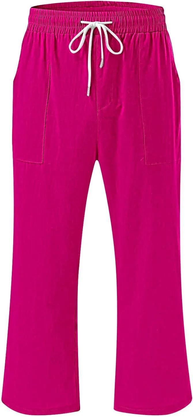 Xiaojmake Women Summer Casual Linen Pants Elastic Waist Relaxed Fit Straight Leg Crop Pants Lounge Beach Trouser with Pockets