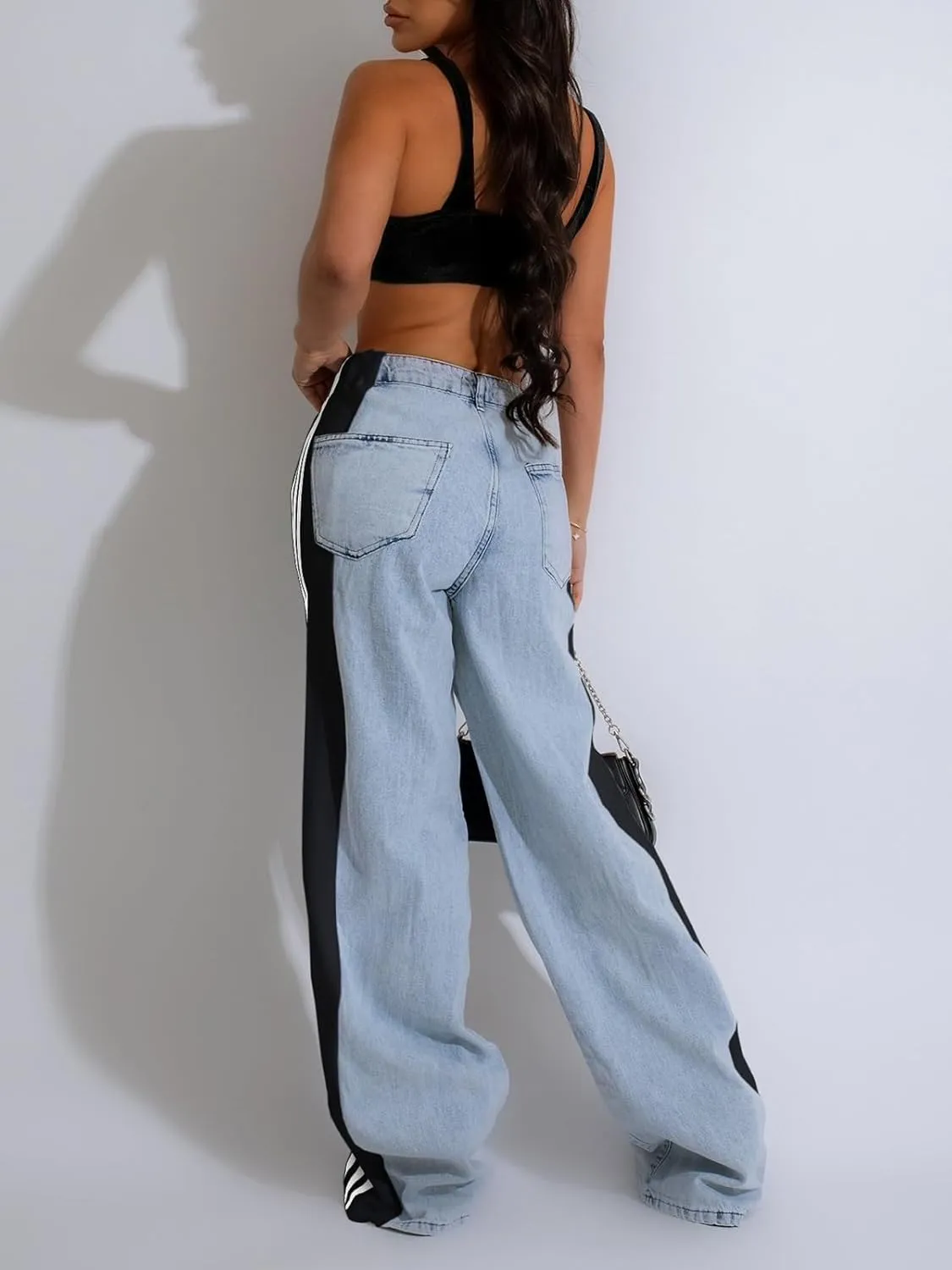 XZLUFNY Women's Jeans Two Tone Patchwork Striped Denim Pant Color Block Straight Wide Leg Trousers