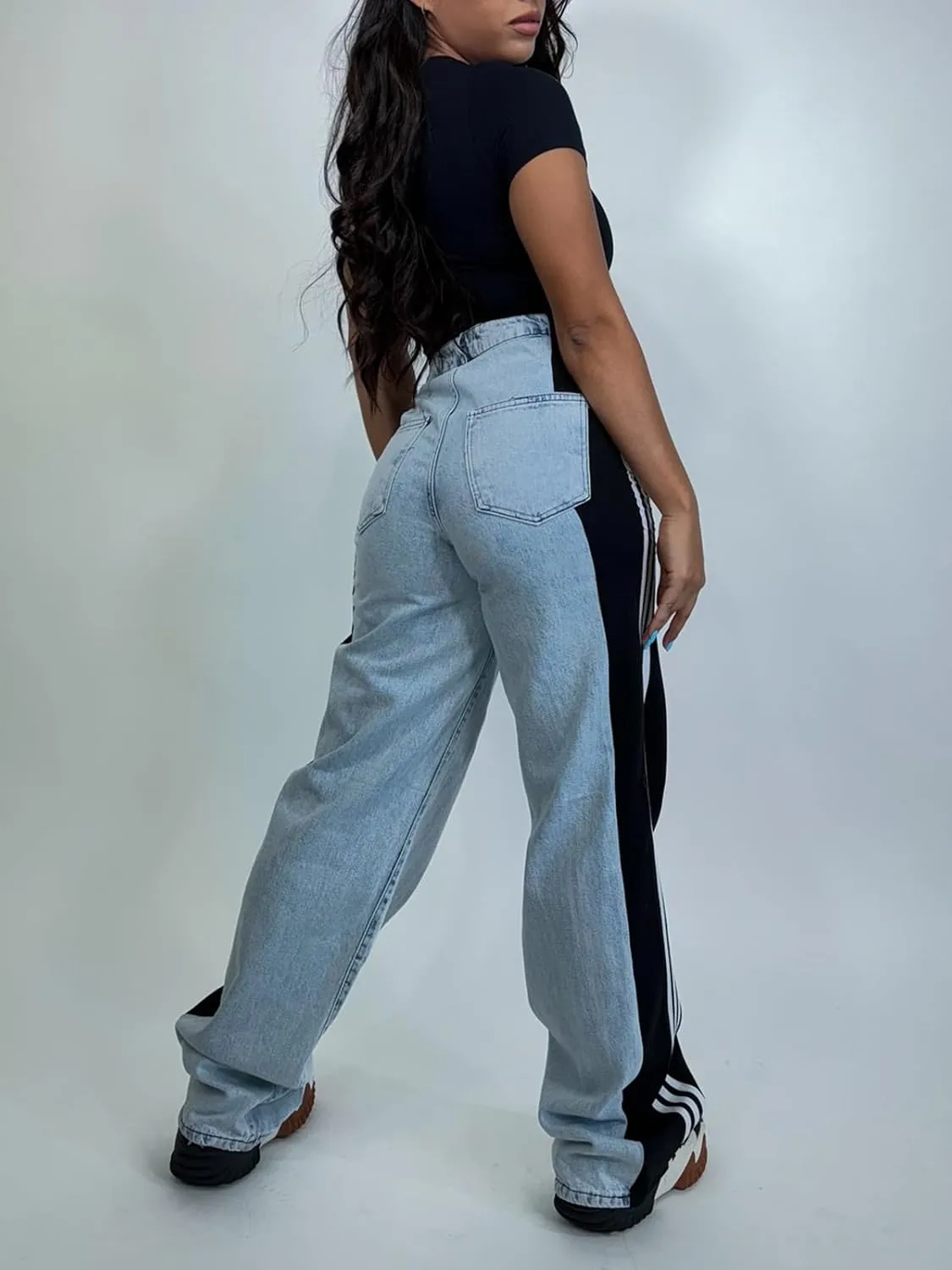 XZLUFNY Women's Jeans Two Tone Patchwork Striped Denim Pant Color Block Straight Wide Leg Trousers