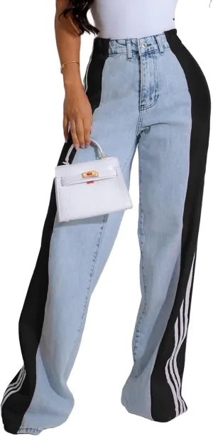 XZLUFNY Women's Jeans Two Tone Patchwork Striped Denim Pant Color Block Straight Wide Leg Trousers