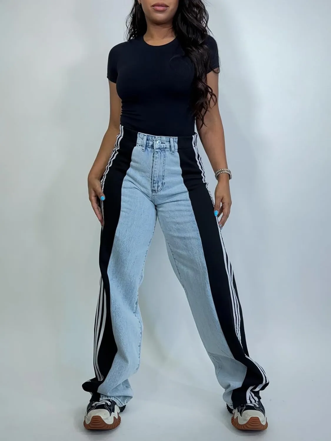 XZLUFNY Women's Jeans Two Tone Patchwork Striped Denim Pant Color Block Straight Wide Leg Trousers