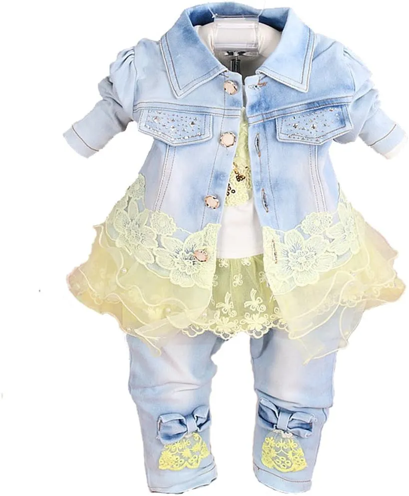 Yao Baby Girls Denim Clothing Sets 3 Pieces Sets T Shirt Denim Jacket and Jeans