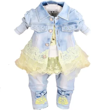 Yao Baby Girls Denim Clothing Sets 3 Pieces Sets T Shirt Denim Jacket and Jeans