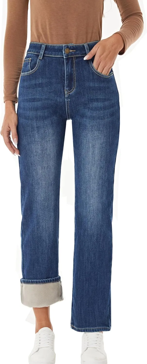 Yehopere Women's Fleece Lined Jeans Straight Leg Wide Jeans Winter Sherpa Flannel Lined Jeans