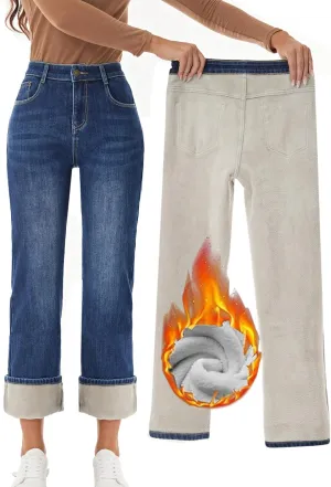 Yehopere Women's Fleece Lined Jeans Straight Leg Wide Jeans Winter Sherpa Flannel Lined Jeans