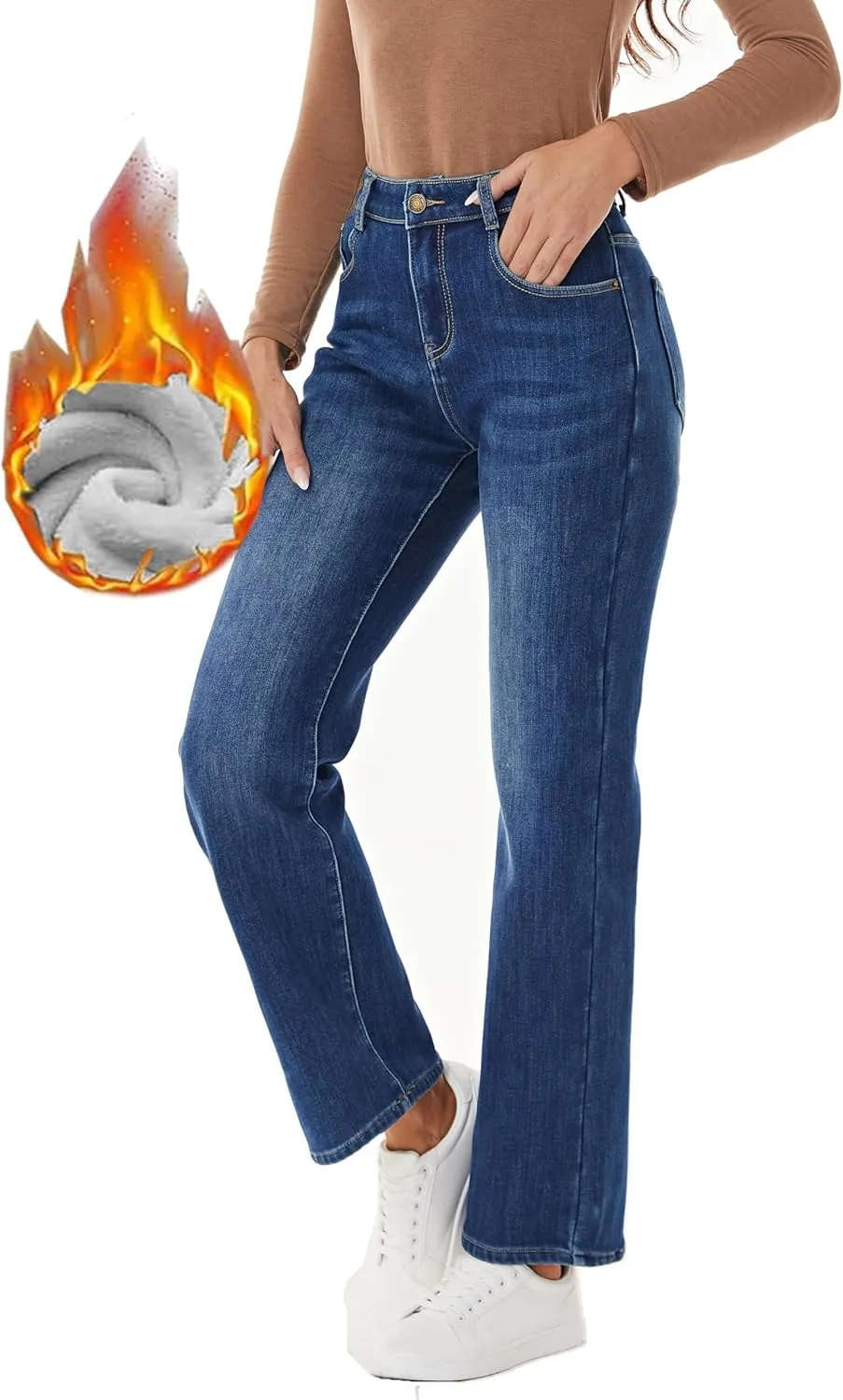 Yehopere Women's Fleece Lined Jeans Straight Leg Wide Jeans Winter Sherpa Flannel Lined Jeans