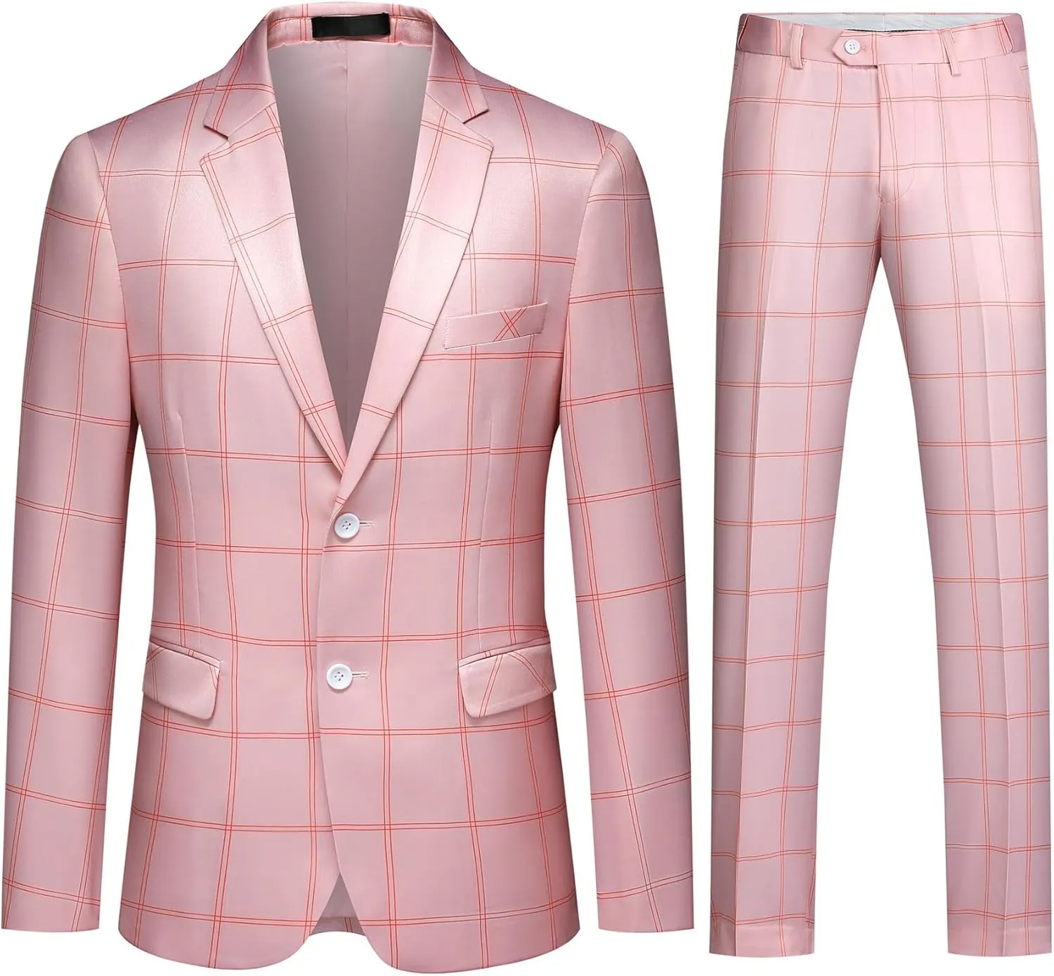 YFFUSHI Mens Slim Fit Suits 2 Piece Plaid Button Casual Formal Blazer Pants Set