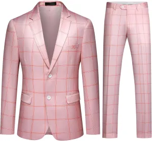 YFFUSHI Mens Slim Fit Suits 2 Piece Plaid Button Casual Formal Blazer Pants Set