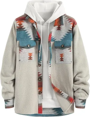 ZAFUL Men's Ethnic Aztec Printed Jacket Coat Flap Pocket Casual Long Sleeve Lightweight Lapel Faux FleeceShacket Top