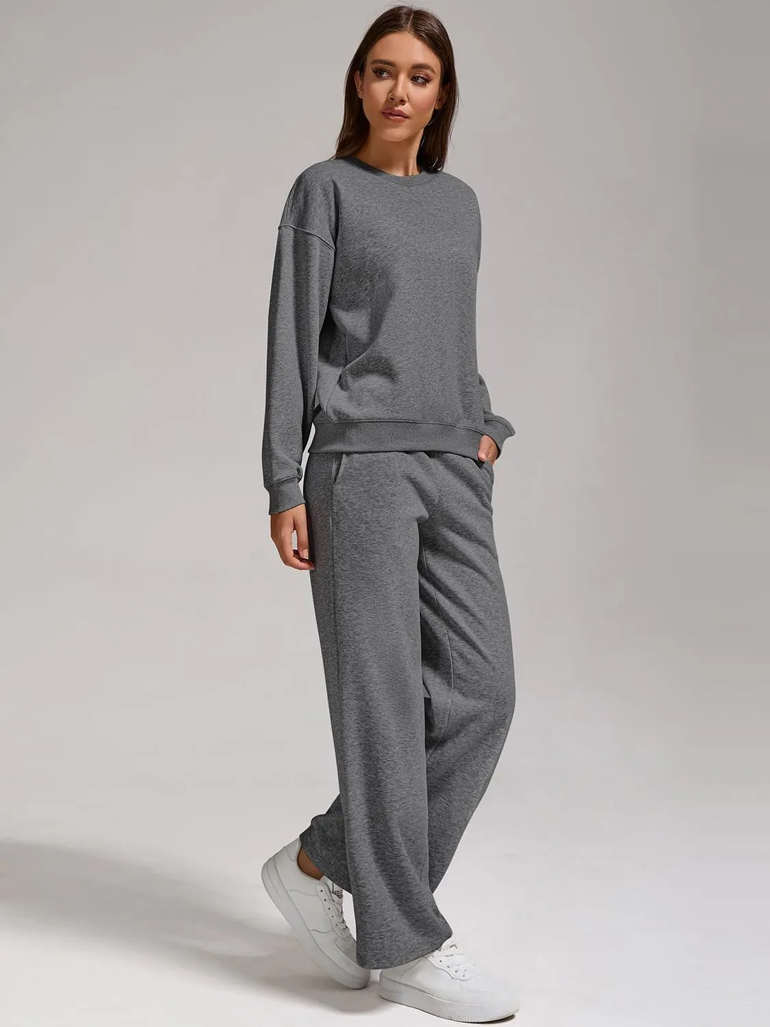 ZFLM Casual Workout Two Piece Outfits Long Sleeve Top Pullover High Waist Drawstring Jogger Pants Tracksuit Sets Streetwear