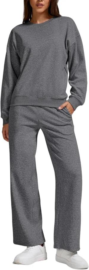 ZFLM Casual Workout Two Piece Outfits Long Sleeve Top Pullover High Waist Drawstring Jogger Pants Tracksuit Sets Streetwear