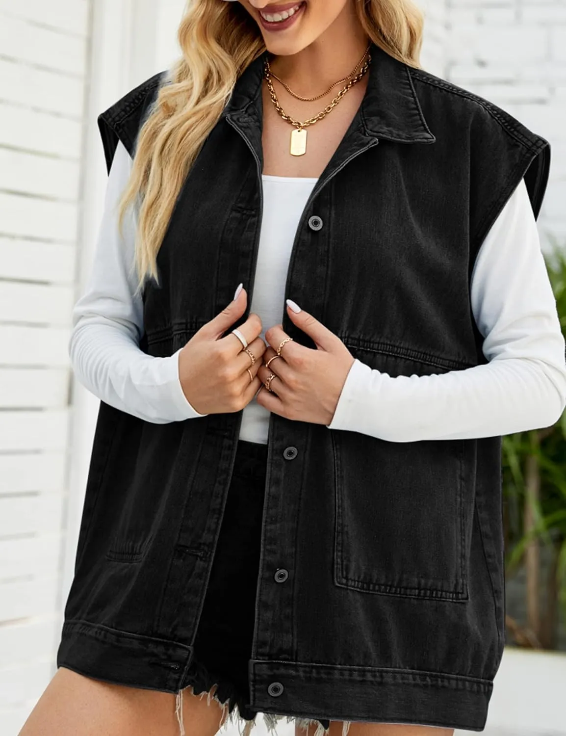 Zontroldy Denim Jean Vest for Women Oversized Sleeveless Button Down Denim Jean Vest Waistcoat Shacket Jacket