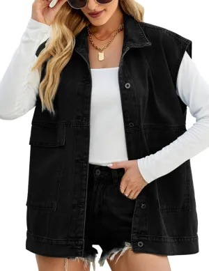 Zontroldy Denim Jean Vest for Women Oversized Sleeveless Button Down Denim Jean Vest Waistcoat Shacket Jacket