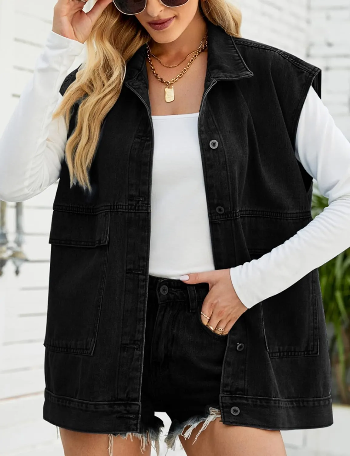 Zontroldy Denim Jean Vest for Women Oversized Sleeveless Button Down Denim Jean Vest Waistcoat Shacket Jacket