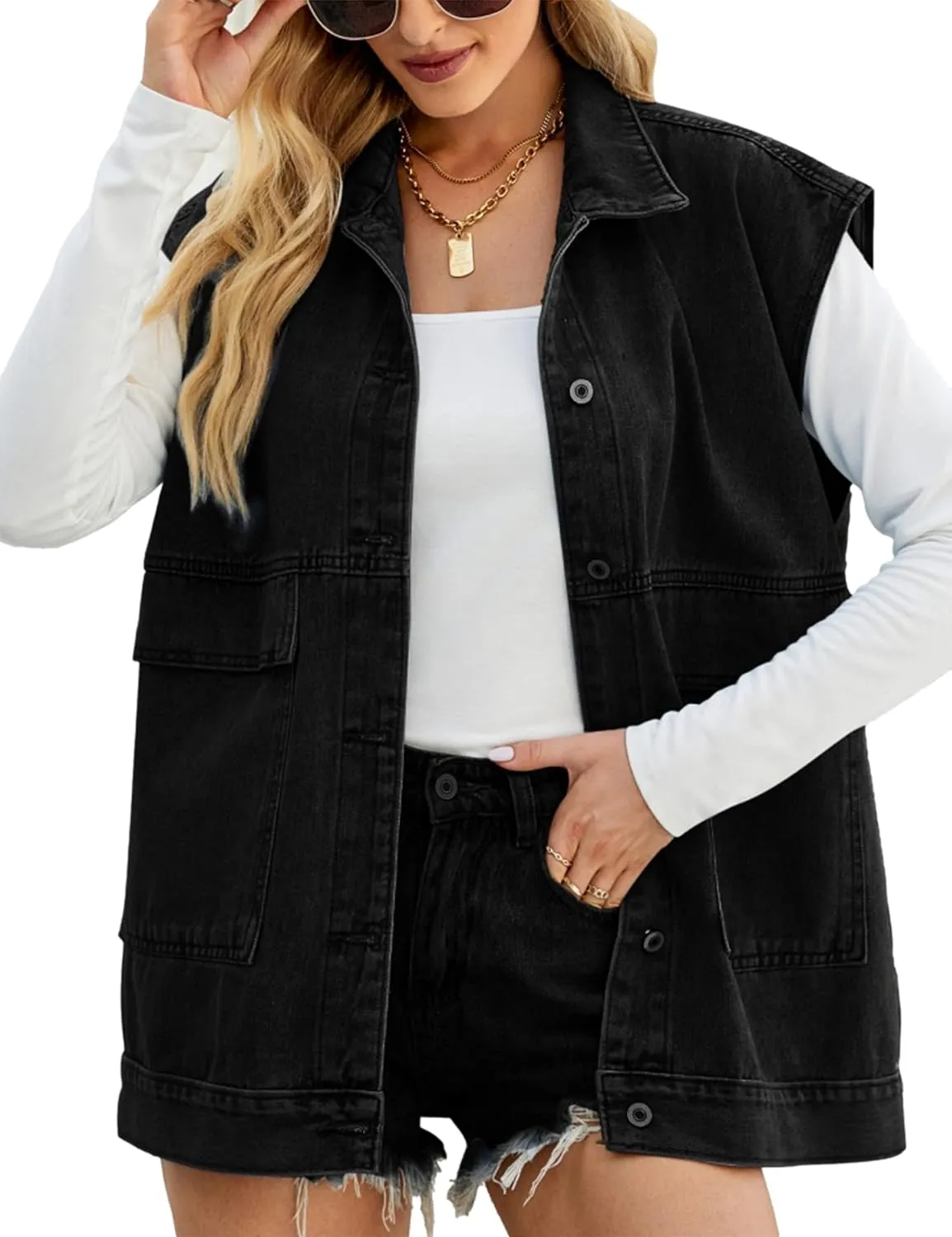 Zontroldy Denim Jean Vest for Women Oversized Sleeveless Button Down Denim Jean Vest Waistcoat Shacket Jacket